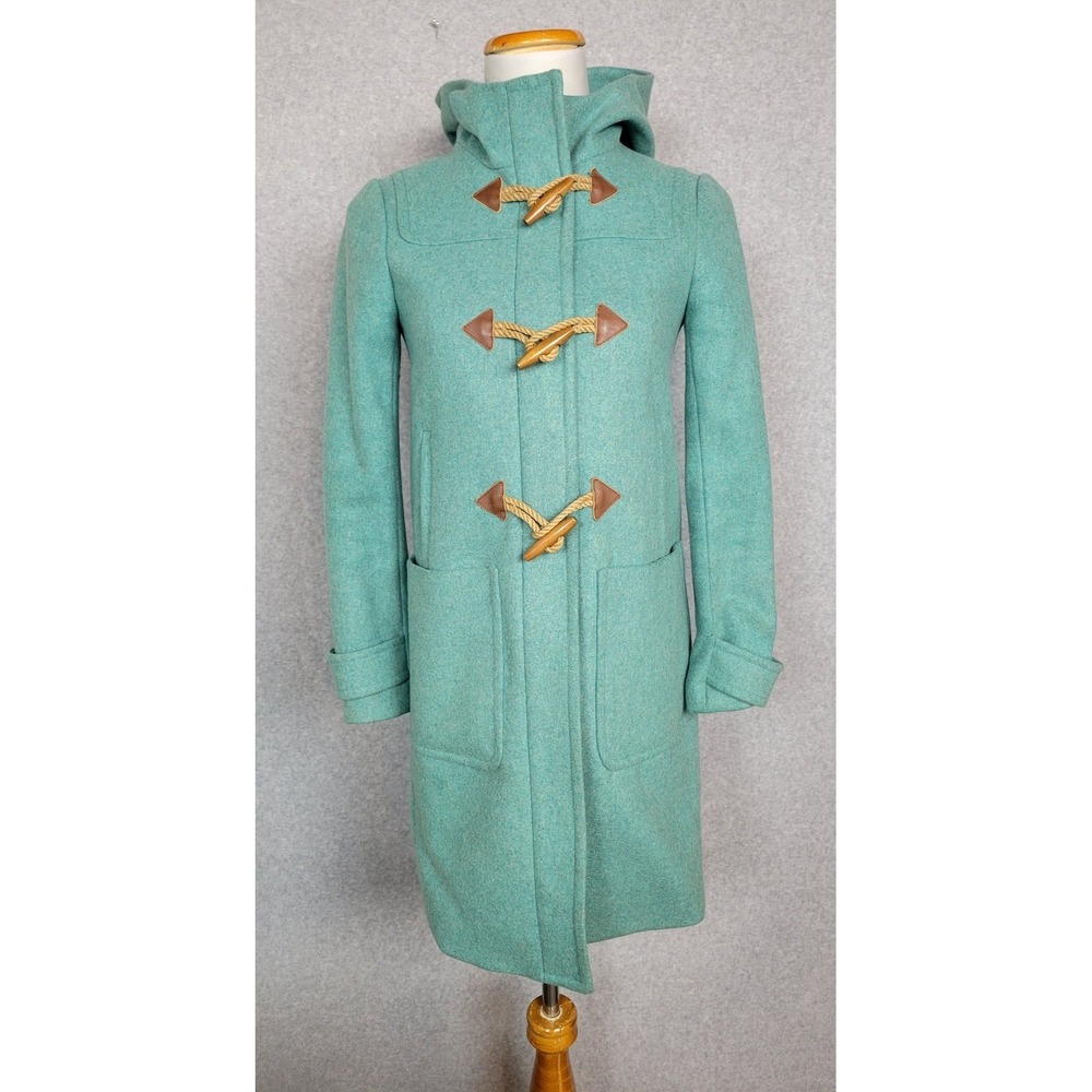 J.Crew Melton Wool Toggle Duffle Coat Seafoam Blue Hooded 2P Italian Fabric